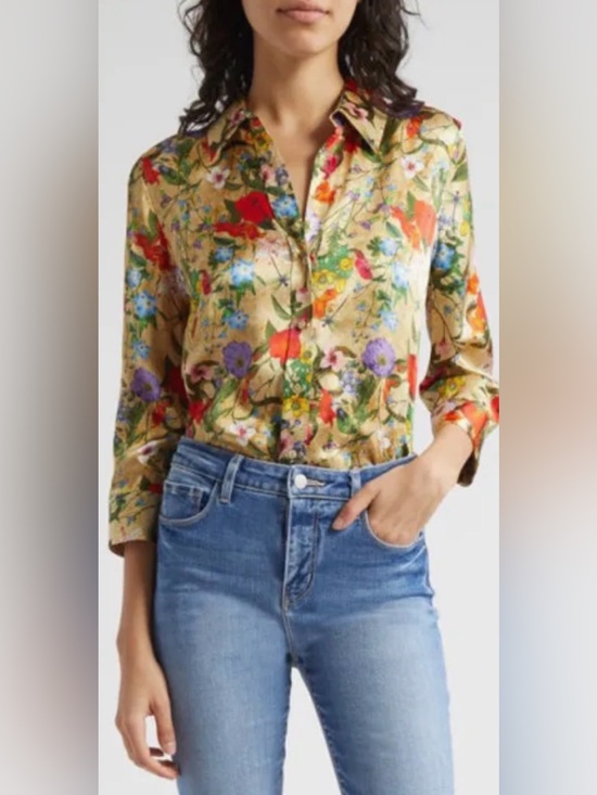 L'AGENCE Tops - L'AGENCE DANI 3/4 SLEEVE BLOUSE YELLOW MULTI VINTAGE BOTANICAL SIZE MEDIUM